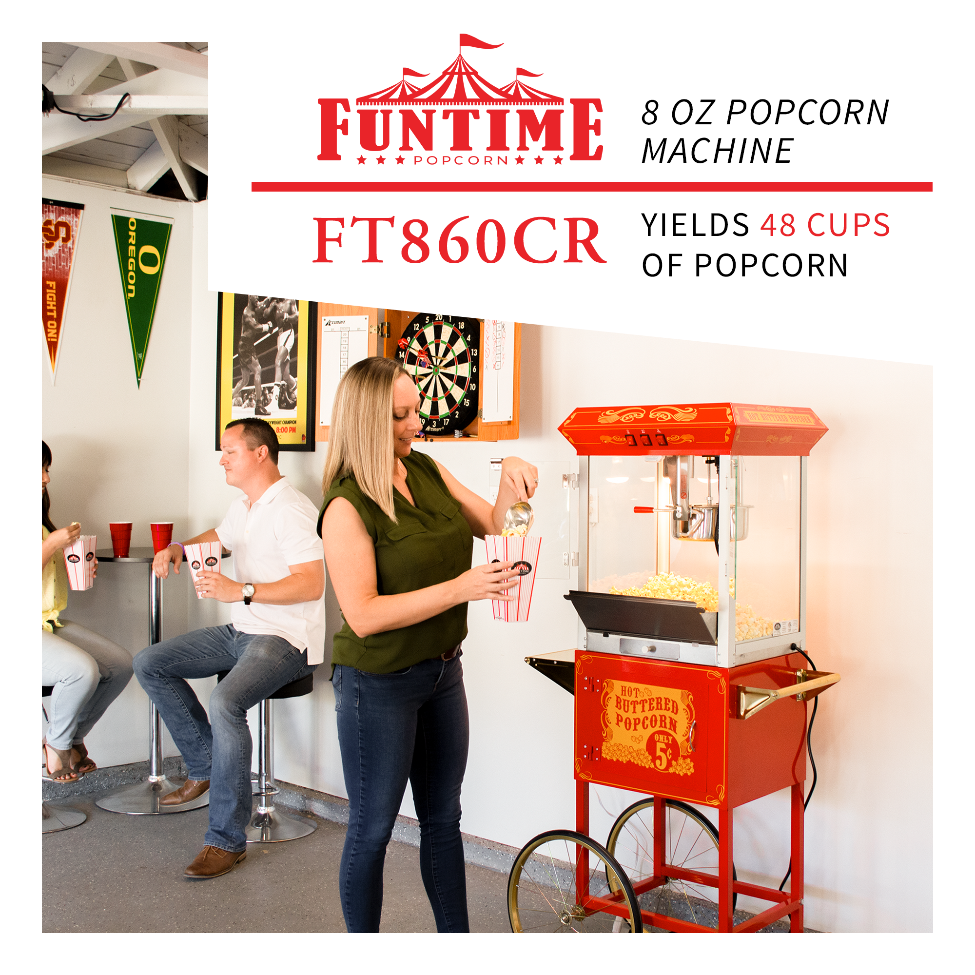 Funtime 8 oz. Red Countertop Hot Oil Popcorn Machine with Measuring Cup,  Measuring Spoon, Popcorn Scoop and Seasoning Shaker FT825CR - The Home Depot